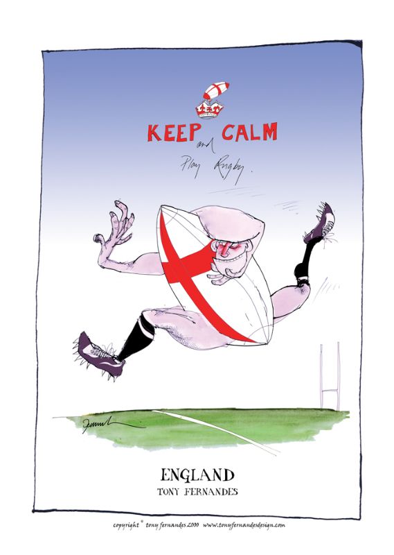 Keep Calm and Play Rugby by Tony Fernandes - England Test Rugby Cartoon signed print